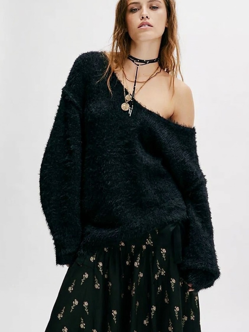 Free People Size S Sparrow Pullover Fuzzy Plush Sweater Black Slouchy Oversized